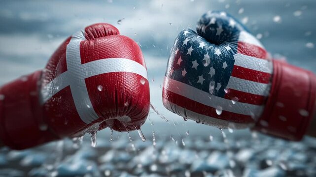US and Denmark Greenland conflict is illustrated as a geopolitical tension concept. Boxing gloves with Denmark and United States flags in a symbolic fight.