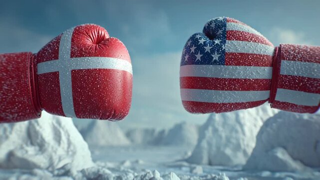 US and Denmark Greenland conflict is illustrated as a geopolitical tension concept. Boxing gloves with Denmark and United States flags facing each other symbolizing competition.