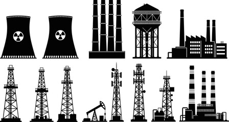 Industrial energy and factory silhouettes set, power plants oil rigs towers and refineries, black vector illustration for industry, energy production, infrastructure concepts