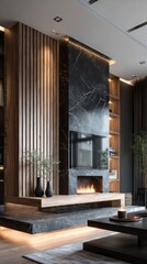 Naklejka premium Modern tv wall unit with marble and wood slats showcasing led lights in a stylish home interior design with black marble accents