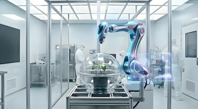 Futuristic Sci-Fi Robot Arm Tending to Green Plant in Glass Sphere with Holographic Data Interface in High-Tech Laboratory, Concept of Agricultural Biotechnology and AI Automation