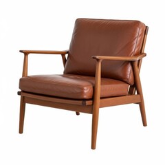 A stylish mid-century modern leather armchair with wooden frame and brown upholstery