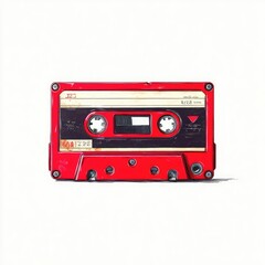 Naklejka premium Vintage red cassette tape with worn labels on a white background
