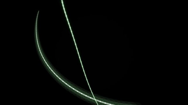 Glowing green curved lines in a dark background creating an abstract dynamic arc composition