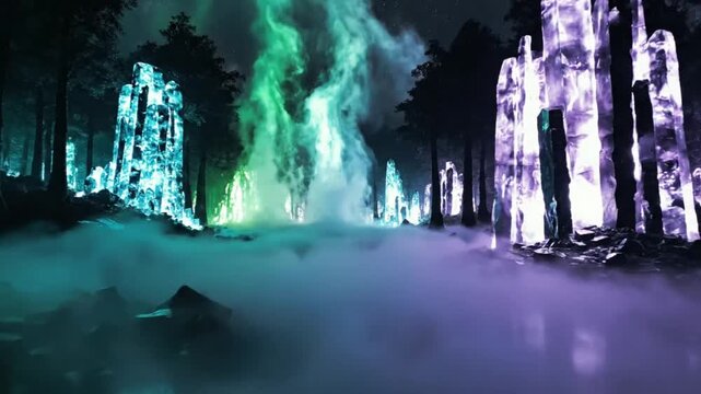 Emerald Night Forest Scene with Glowing Ice Crystals and Mist