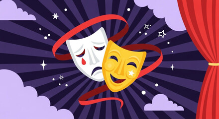 World Theatre Day World Theatre Day Symbolic representation of theatre masks, showcasing the duality of comedy and tragedy against a backdrop of starry clouds and stage curtains