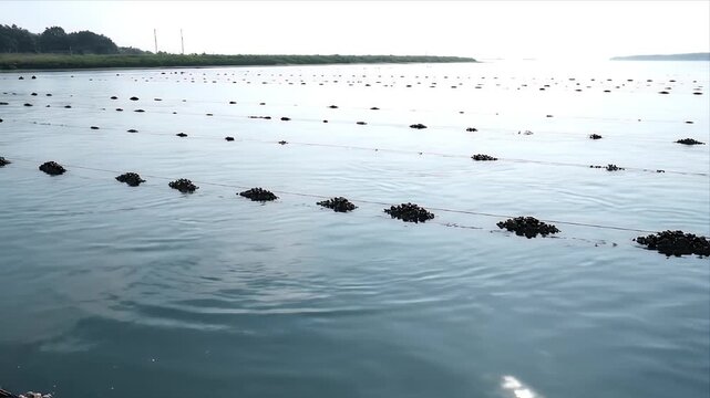 Ocean Aquaculture Farm with Rows of Mussels Growing on Ropes in Calm Water Under Bright Sunlight Coastal Landscape