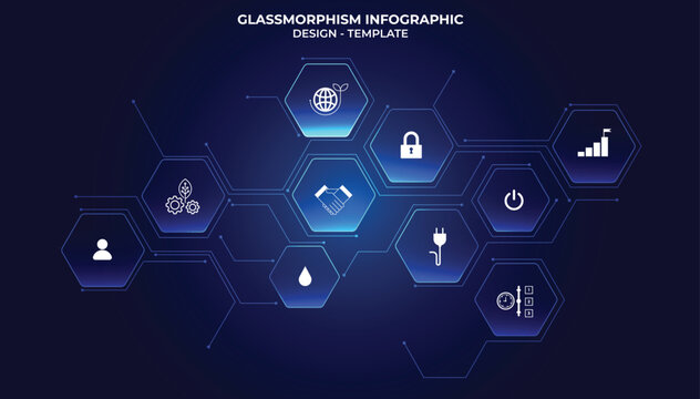 Futuristic infographic with 10 hexagonal buttons mimicking a honeycomb. Biotechnology, environmental care, green and renewable energy. Tech icons such as security and environment. Blue color.