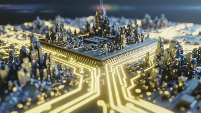 Futuristic city board scene with glowing circuit lines and skyline miniature cityscape at dusk