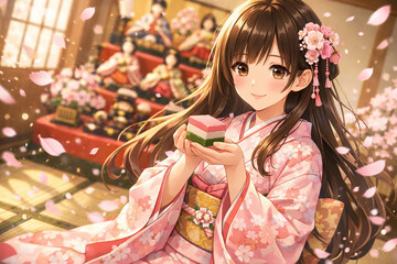 Kimono Girl Holding Hishimochi for Hinamatsuri with Cherry Blossoms in Traditional Japanese Room、ひな祭りの和室で菱餅を手に微笑む着物の少女 桜舞う春の桃の節句イラスト