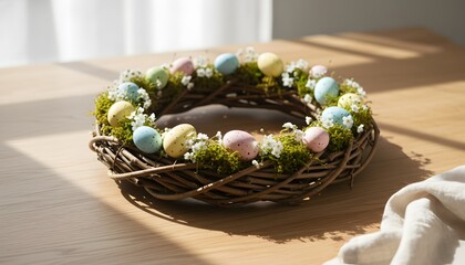 A charming rustic easter wreath adorned with pastel speckled eggs and delicate white flowers on a wooden table, perfect for a spring holiday concept