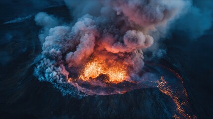 Obraz premium An aerial view of a volcano erupting, with molten lava flowing into the ocean and smoke billowing from its peak.