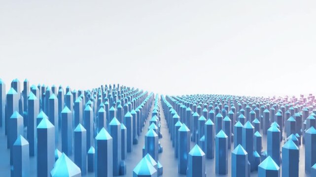 Prism towers line up in a wide field of blue purple columns under a pale sky