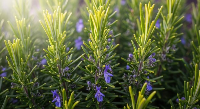 Closeup of rosemary plant with green leaves and purple flowers growing outdoors in garden