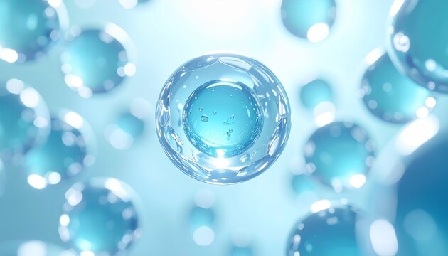 透明感あふれる保湿成分カプセルの3Dマクロビジュアル セラミドとヒアルロン酸の浸透イメージ ジェネレーティブAI