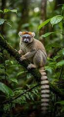 Fototapeta premium Crowned lemur perched on a mossy branch in a lush forest.