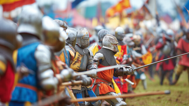 Tewkesbury Medieval Festival, Medieval Soldiers in Colorful Livery Engaging in Sword Battle at Tewkesbury Medieval Festival England