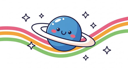 Fototapeta premium Smiling cartoon planet with ring and rainbow colors in space
