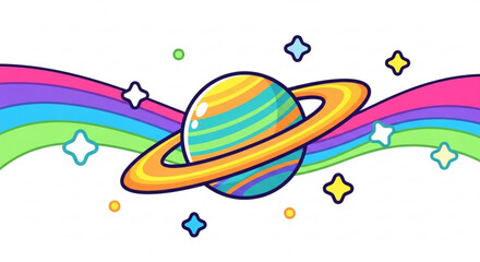 Vibrant cartoon planet with rainbow rings and stars in space symbolizing wonder and exploration in a colorful universe