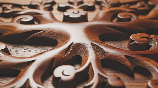 Detailed close up of wooden Tree of Life relief carving with swirling branches and floral motifs