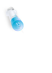 Obraz premium An isolated plastic bottle of water with fresh drops stands next to a clean electric toothbrush and a blue dental tool on a white background for healthcare and hygiene
