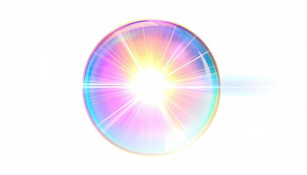A vibrant, refractive sphere glows with internal light against a clean white background