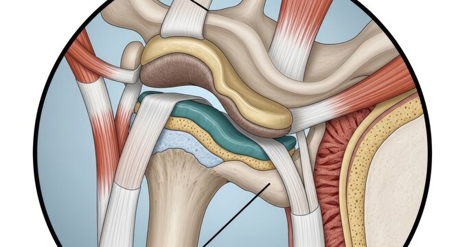 Detailed anatomical illustration of the human hip joint.