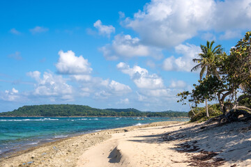 A beautiful tropical beach with white sand, coconut palms and a blue ocean backdrop.
