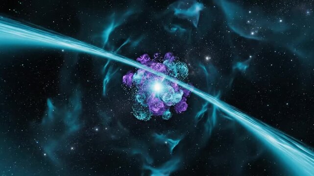 Cosmic ring event over glowing nebula cluster near blue planet in deep space scene