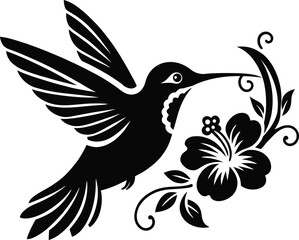 Fototapeta premium Black and white hummingbird with flower silhouette vector illustration isolated on transparent background.