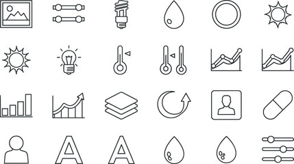 Photo editing and graphic design line icon set including image brightness contrast levels color temperature layers sharpness and typography adjustment tools © MdAbdur