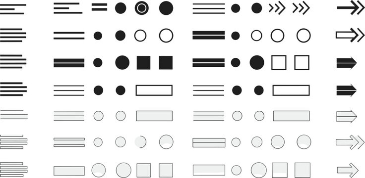 Modern web design element set featuring various paragraph alignment styles, bullet point lists, geometric shapes, and directional navigation arrows for interface development.