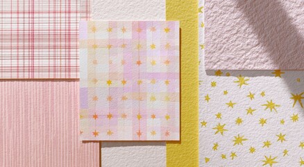 Pastel pink and yellow patterned paper swatches with star motifs and shadow overlay