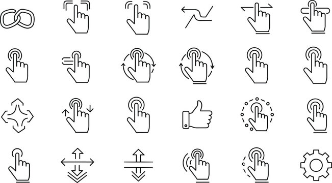 Touch screen hand gestures line icon set featuring swipe, pinch, tap, scroll, rotate, zoom, and link symbols for mobile user interface design.
