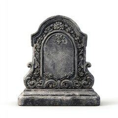 Ornate, weathered stone tombstone with floral carvings, isolated on white