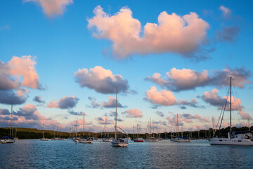 Marina with sailing yachts moored in the evening with pink clouds.