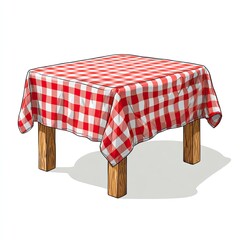 Square wooden table draped with a red and white checkered cloth