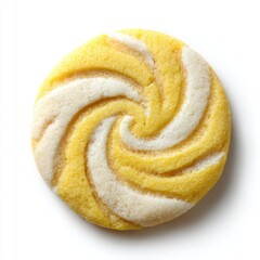 A round cookie with yellow and white swirls on a white background