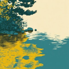 Stylized forest edge with trees reflected on calm, cool water