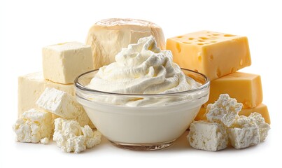 Assortment of dairy products including whipped cream, cheeses, and butter