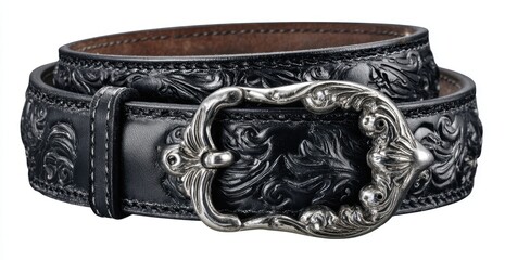 Ornate black leather belt with antique silver-toned buckle, intricate floral design