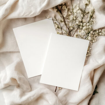 Blank card wedding invitation mockup paper minimal floral neutral soft fabric elegant Blank card wedding invitation mockup paper minimal floral neutral soft fabric elegant background with gentle