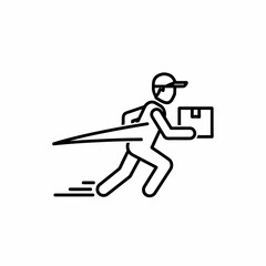 Obraz premium Fast delivery courier service icon carrying a parcel box. A minimalist outline graphic with a person rushing