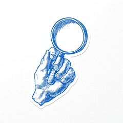 Hand holding magnifying glass, blue sketch style