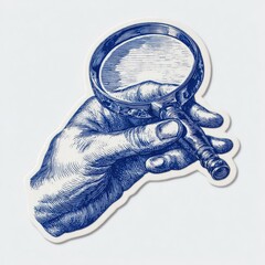 Hand holding an antique magnifying glass, sketched in blue ink