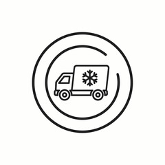Frozen food delivery icon. A simple truck silhouette with a snowflake symbol inside a circle