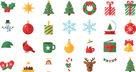 Christmas Icon Set with Holly, Snowman, Gift Boxes, Reindeer, Bells, Christmas Trees, and Holiday Decorations