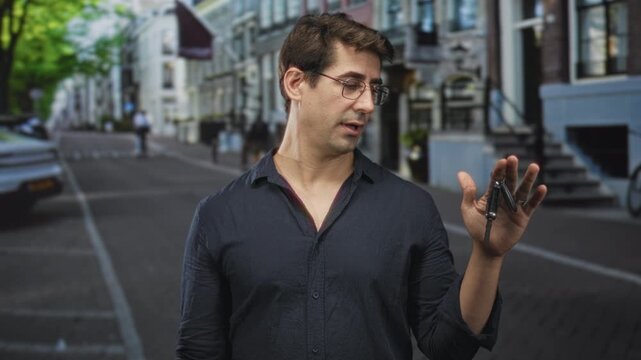 Man holding car keys in hand, finger to temple gesture while looking down on a street lined with row houses and a bicycle; contemplation.