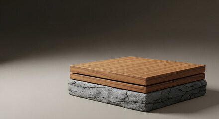 Layered Stone and Teak Wood Podium with Natural Shadow on Gray Background