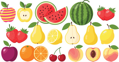 Obraz premium Flat Design Fresh Fruit Vector Set Featuring Apple, Watermelon, Strawberry, Pear, Lemon, and Peach for Healthy Nutrition Apps, Grocery Branding, and Educational Food Graphics